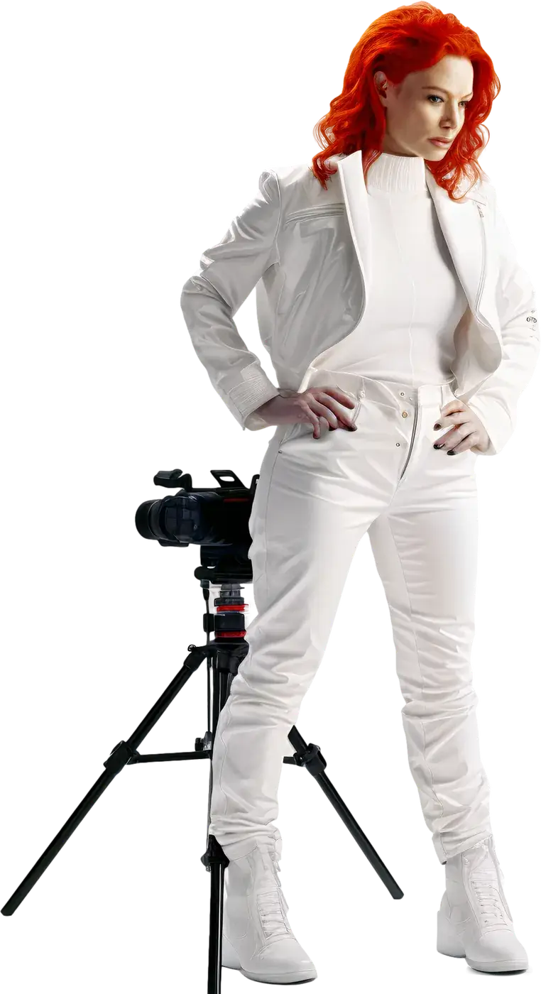 Operatoare de imagine lângă o cameră de filmat pe trepied